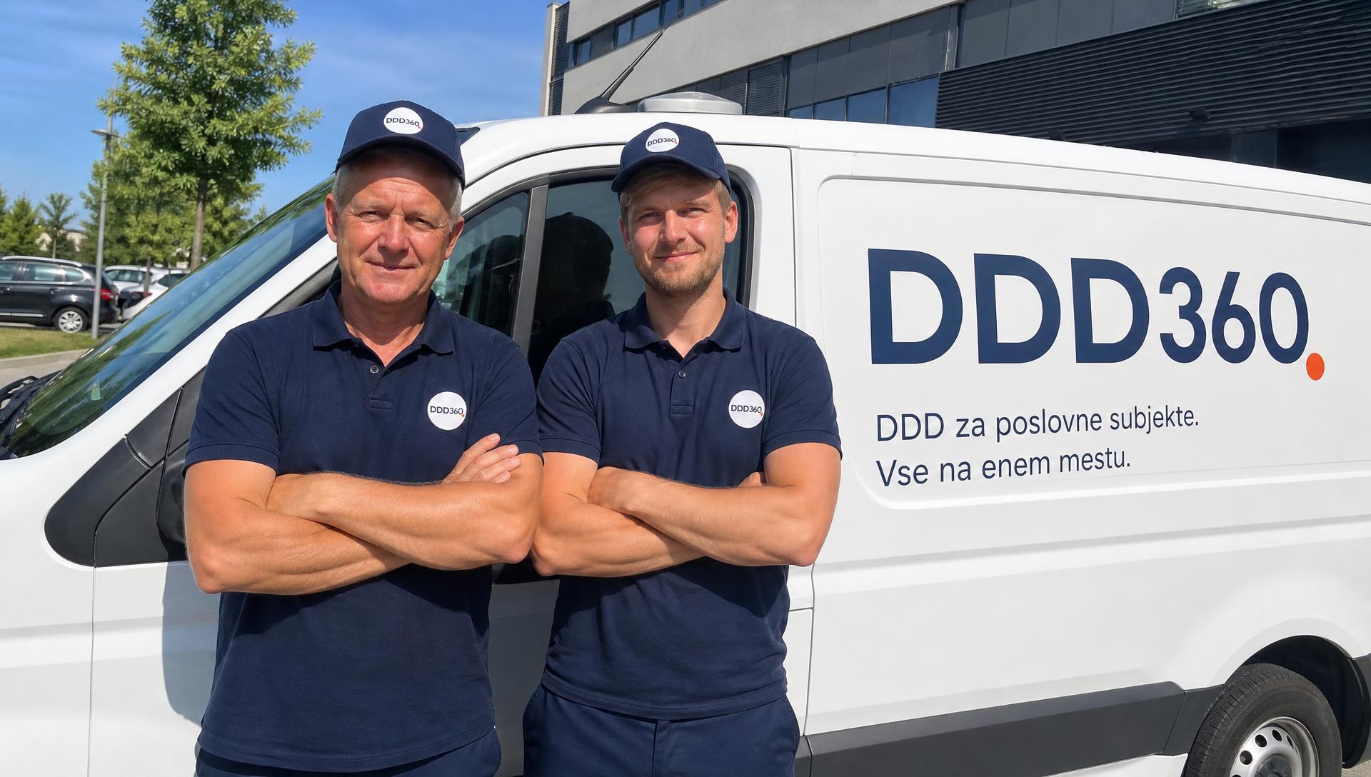 Oče in sin, licencirana DDD tehnika, pred označenim službenim vozilom DDD360