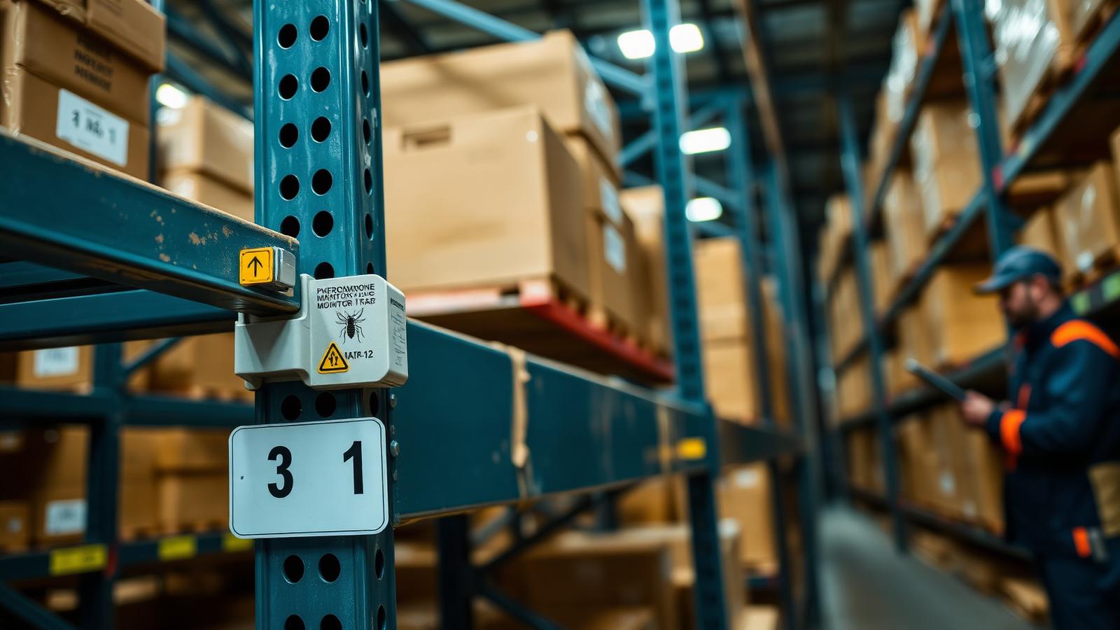 Feromonska past in oštevilčena kontrolna točka na regalu v logističnem skladišču